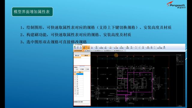 鹏业安装算量软件模型界面增加属性表