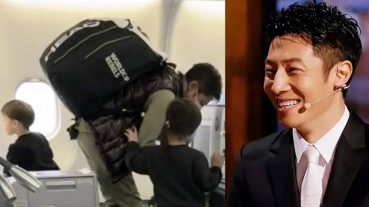 撒贝宁带龙凤胎出行,背大包直不起腰,网友:有种离家出走的感觉