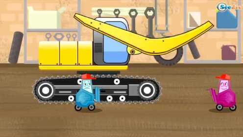 少儿益智教育黄色卡通儿童挖掘机施工卡车视频者儿童卡通片