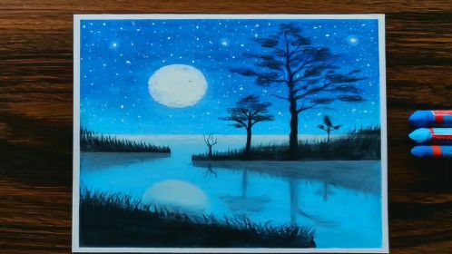 油画棒手绘风景画月光下湖水倒映着树木的影子景色太美了