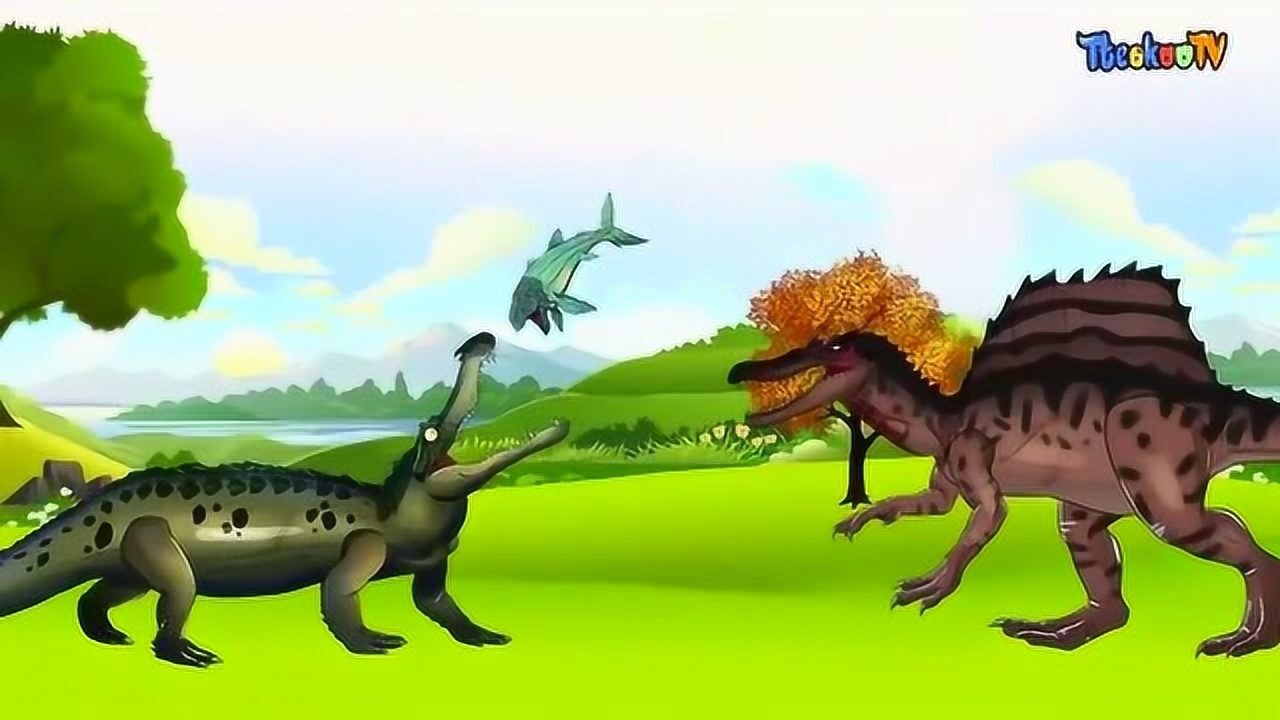 恐龙趣味动画:棘龙对战鳄鱼