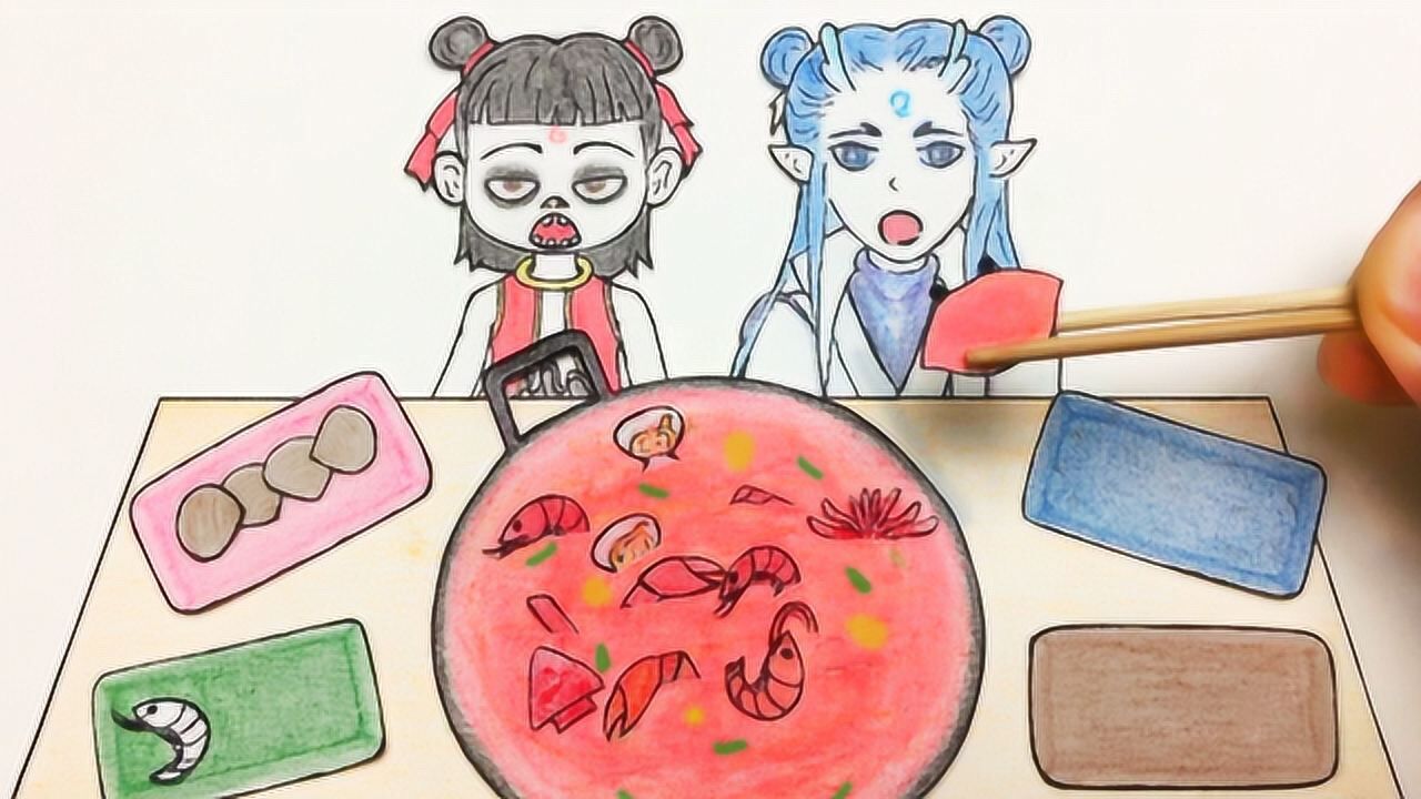手绘定格动画:哪吒敖丙当吃播,一大锅海鲜火锅,吃得好过瘾