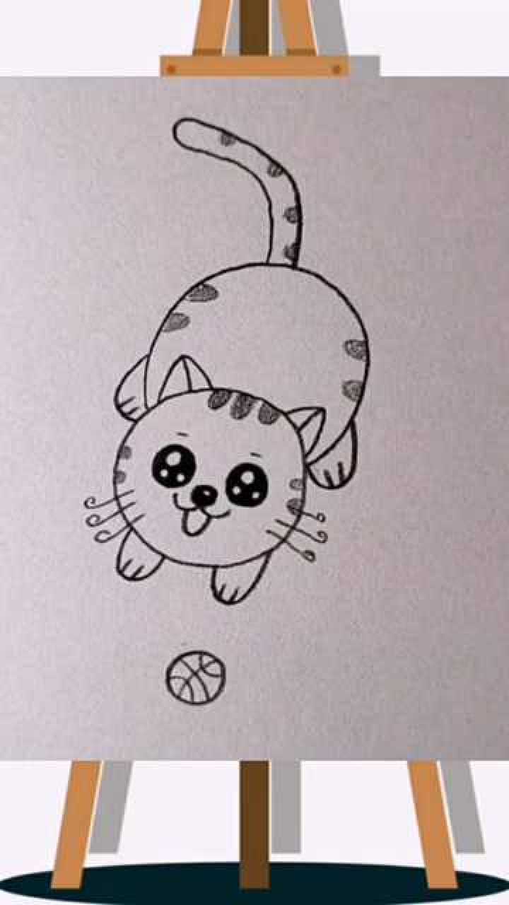 幼儿简笔画用两个0画玩球的小猫咪赶紧试一试吧