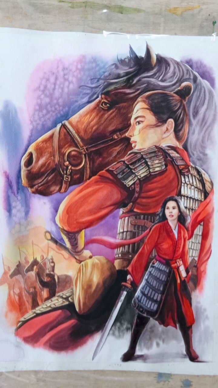 水彩画花木兰中国女超级英雄巾帼不让须眉花木兰