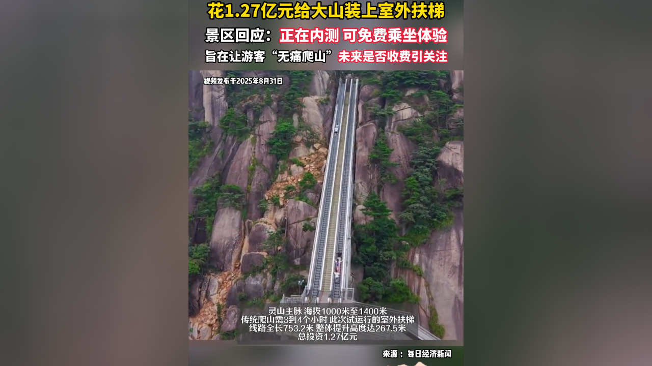 花1.27亿元给大山装上室外扶梯，景区回应：正在内测可免费乘坐体验_腾讯新闻