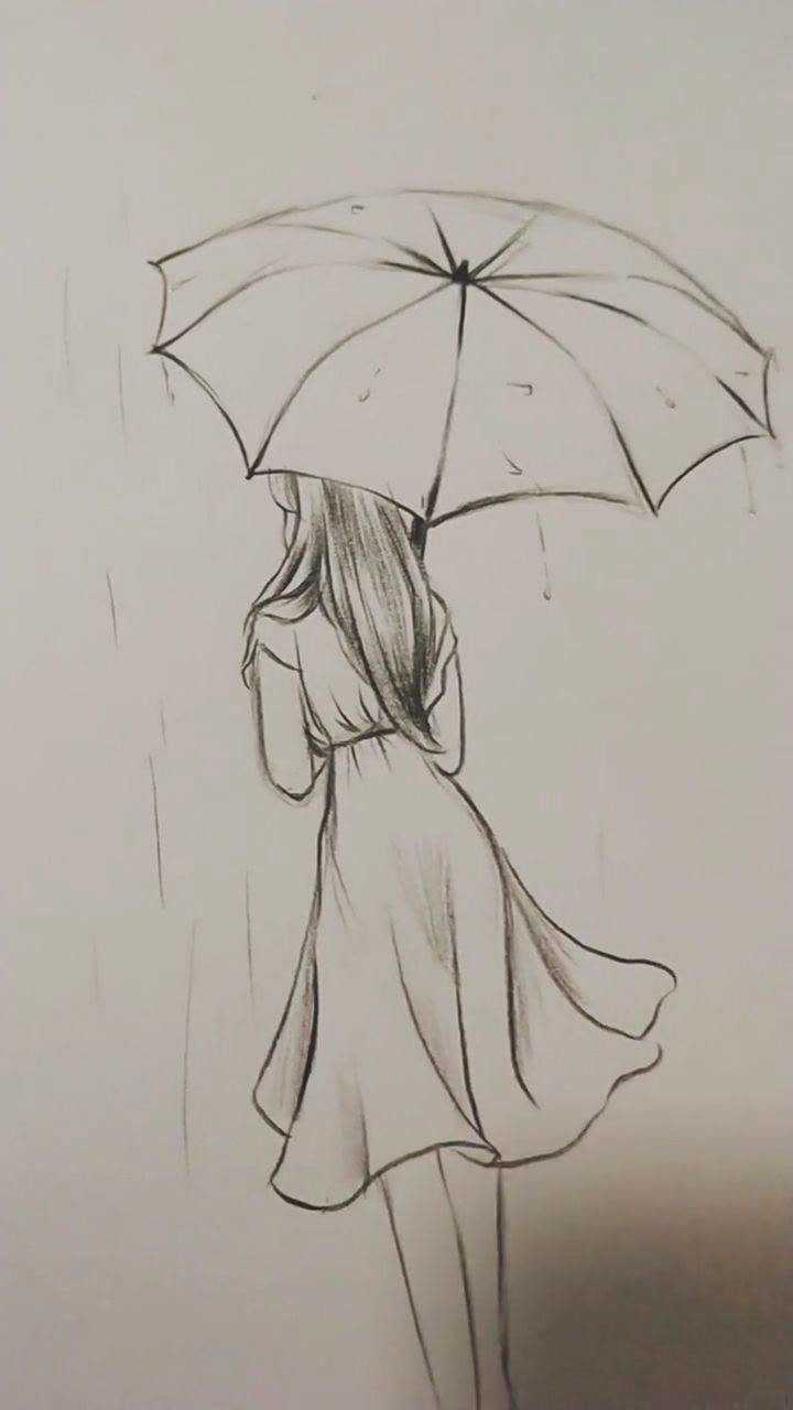 几笔画雨中打伞女孩