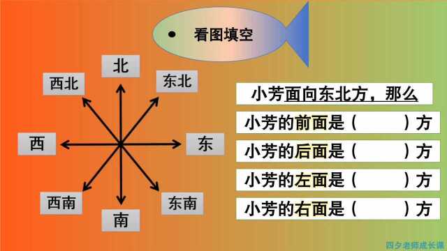 三年级数学:小芳面向东北,那么她的前后左右各是什么方