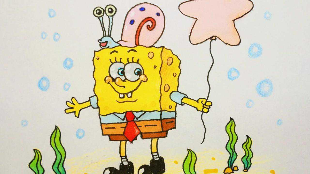 海绵宝宝和爱宠小蜗学画卡通动画人物简笔画