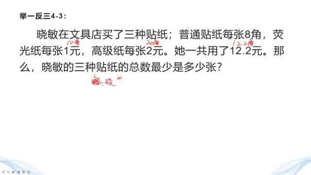 晓敏买三种贴纸花了12.2元,已知贴纸价格,怎么买总数最少?