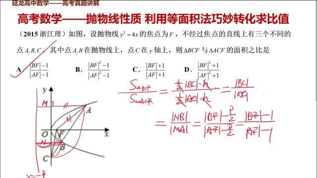 高考数学2015浙江高考 抛物线性质 利用等面积法巧妙转化求面积比