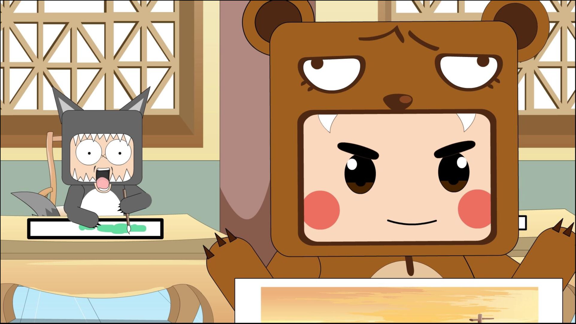 迷你世界寓言故事迷你世界寓言故事书画比赛熊孩子两只手一起画能打败