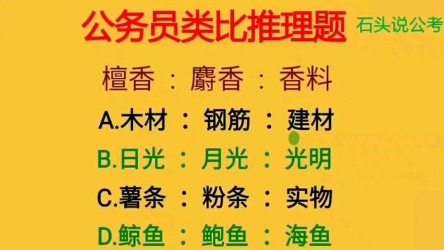 公考题:国考类比推理真题,“檀香、麝香与香料”是什么关系