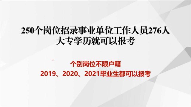 事业单位招聘276人,提供250个岗位,大专就可以报考