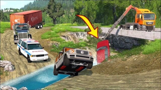 奔驰G55,半挂卡车和宝马X5开足马力过河(水流湍急),BeamNG