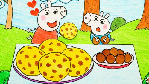 手绘定格动画:小猪佩奇和乔治喜欢吃酥脆可口的巧克力曲奇饼