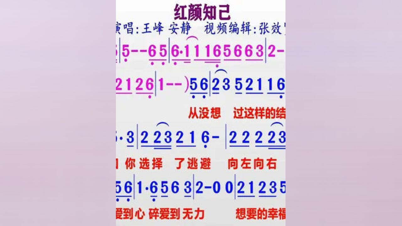 王峰和安静对唱的情歌《红颜知己》的同步动态彩色简谱