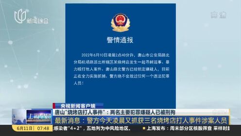 唐山“烧烤店打人事件”：两名主要犯罪嫌疑人已被刑拘 最新消息：警方今天凌晨又抓获三名烧烤店打人事件涉案人员