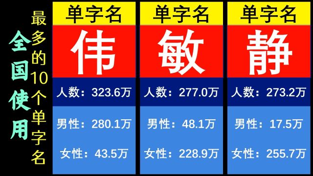 全国使用最多的10个单字名