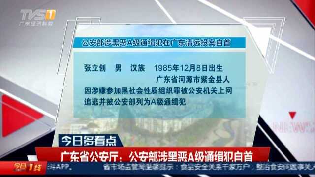 广东省公安厅:公安部涉黑恶A级通缉犯自首