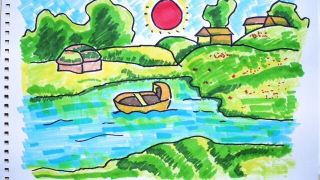 神笔简笔画和孩子去春天山野儿童绘画早教场景教程