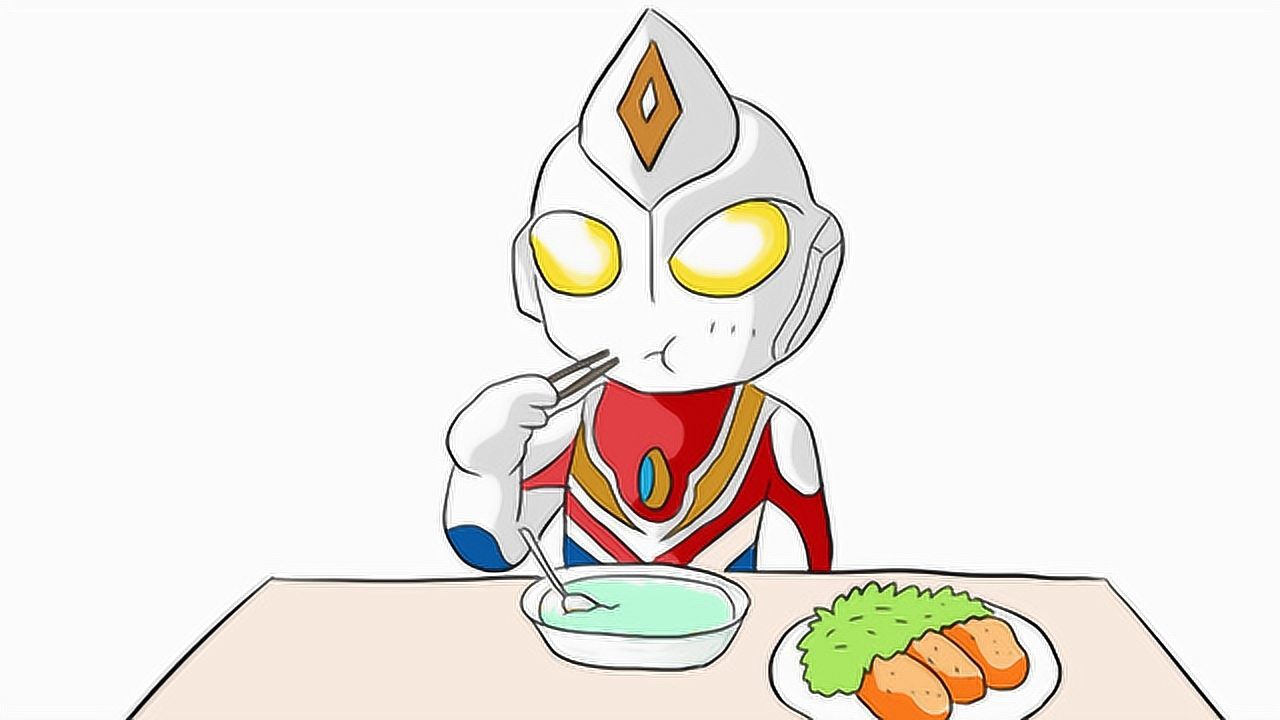 可爱的q版戴拿奥特曼吃早餐儿童卡通简笔画