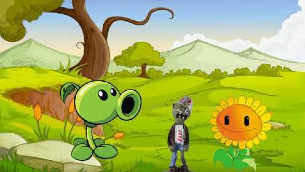 向日葵和豌豆射手成功驱赶前来捣乱的植物僵尸帽子都被打掉了!