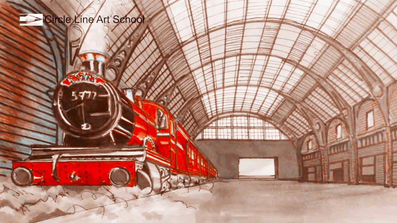 用一点透视原理绘制一个火车进站的场景很不错的透视教学视频