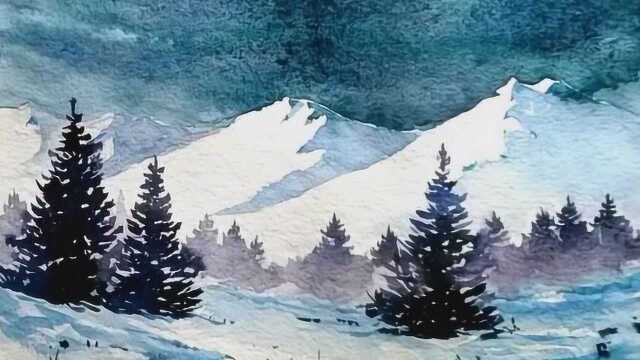 水彩画欣赏:雪山 矮树丛