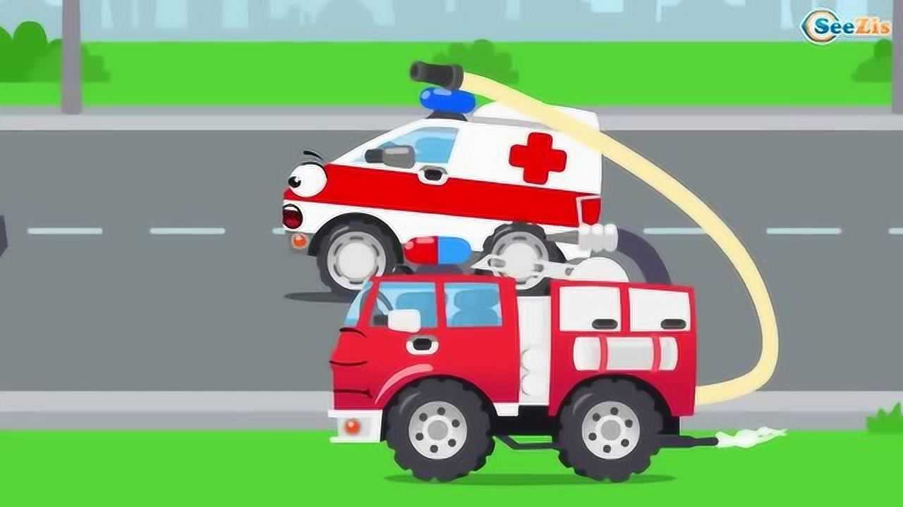 消防车救火太劳累睡着了救护车拿走消防水枪到处玩耍动画片