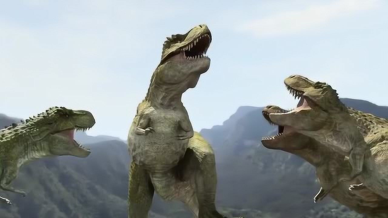 霸王龙一家高兴地庆祝捕到了猎物,却被山上一只大暴龙盯上了!