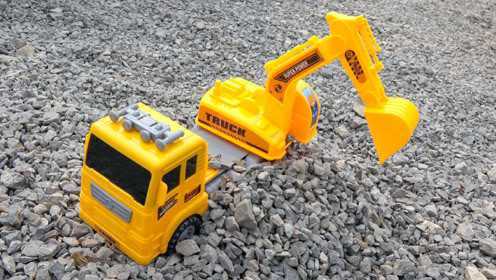 挖掘机玩具视频：挖掘机挖运石子工作表演工程车模型试玩