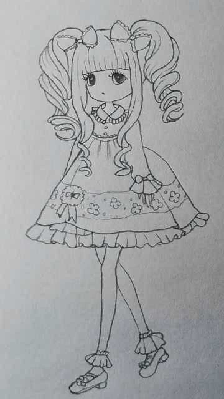 简画卷发的小女孩