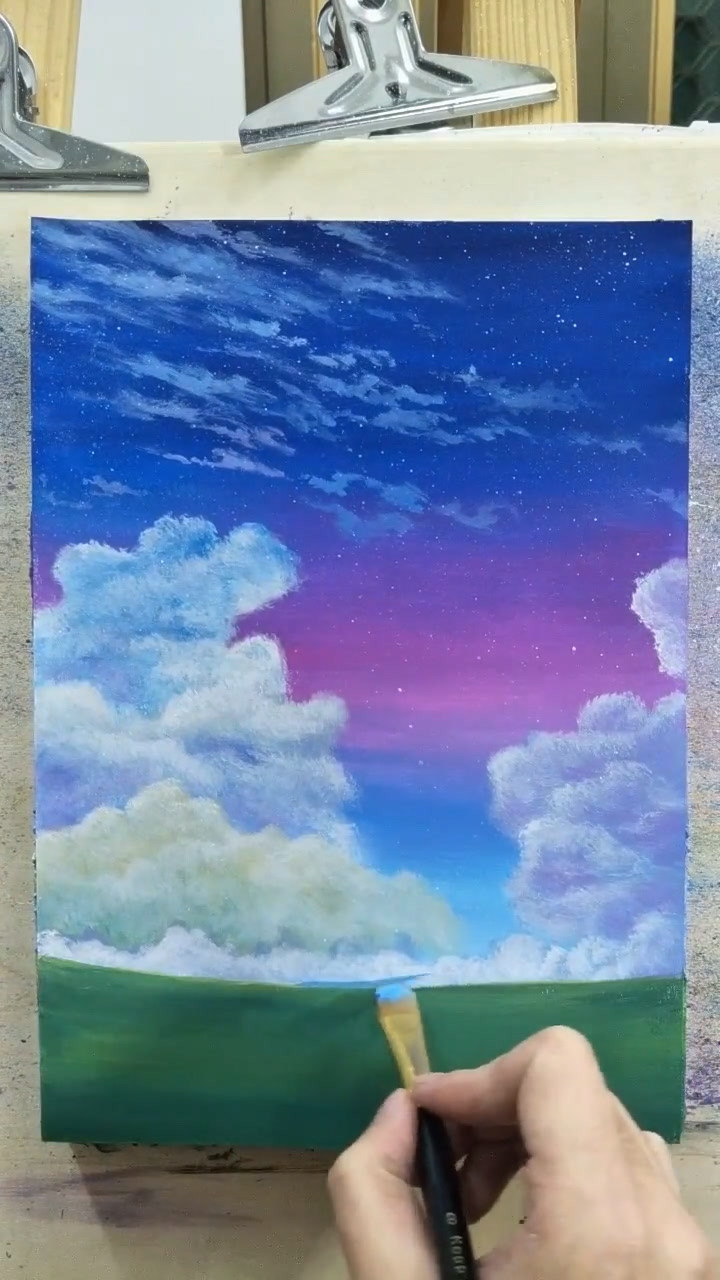 这真的是一幅彩虹一样的画作呀,玫红色的天空,画画工具,丙烯颜料,白色