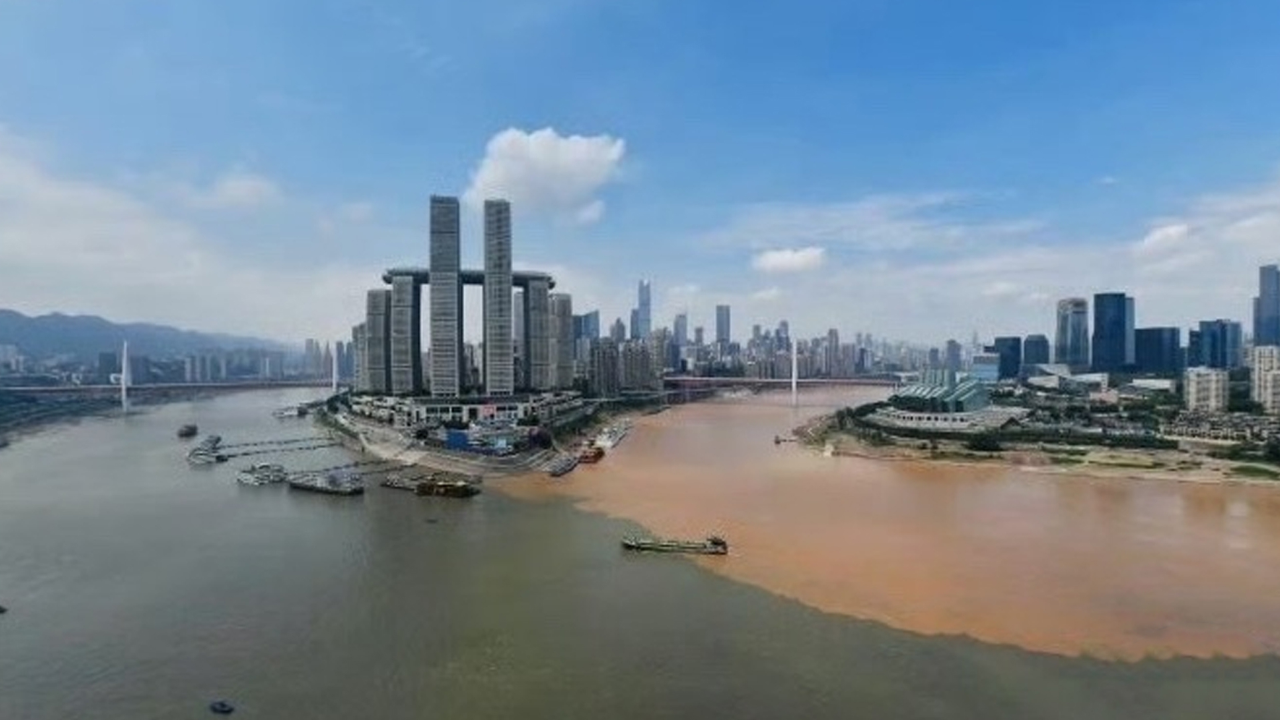 重庆两江交汇处再现"鸳鸯锅",今年"红汤""清汤"位置对调