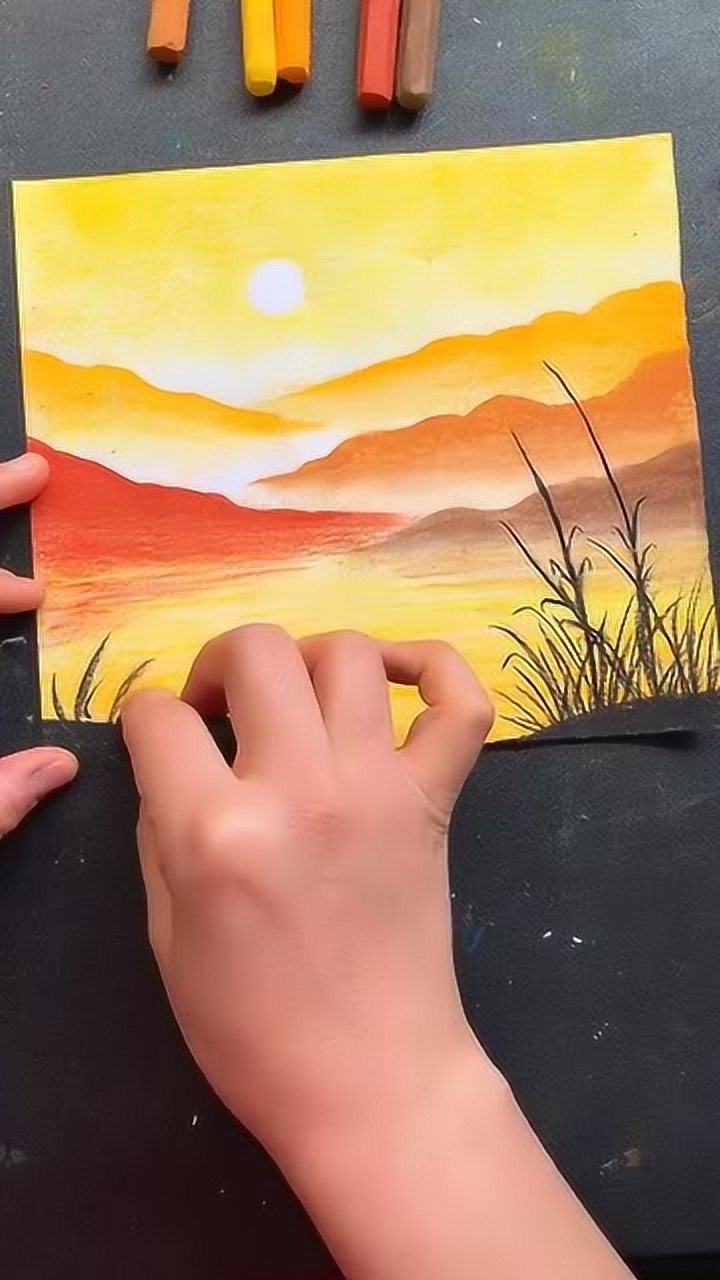 油画棒画日落风景,步骤简单易学