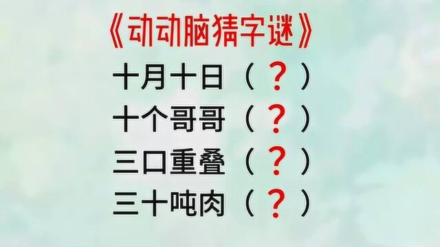 四个字谜:十月十日,十个哥哥,三口重叠,三十吨肉(各猜一字)