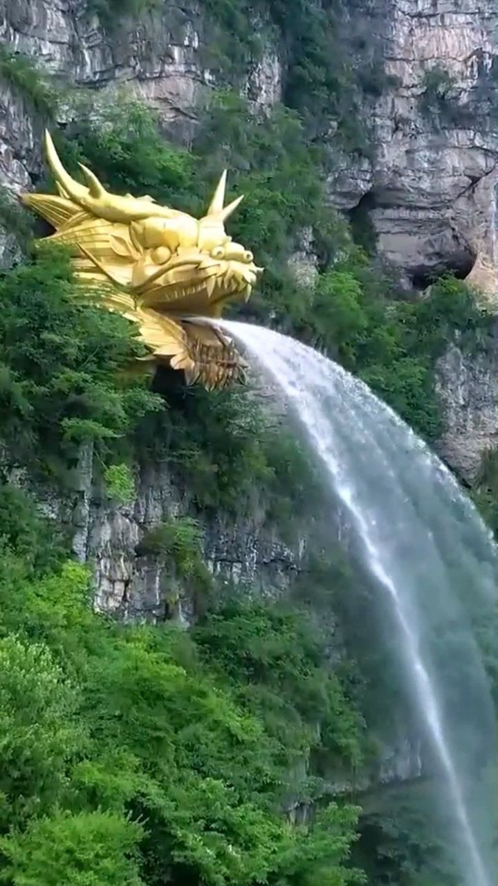 贵州大山崖壁冒出一个大金龙,龙头吐水源源不断,谁见了谁好运!