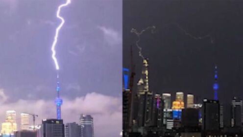 上海东方明珠塔被闪电击中，闪电如利剑划破天空