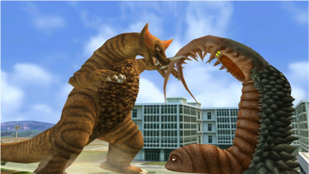 奥特曼格斗大作战古代怪兽哥莫拉用头部撞倒地底怪兽古墩