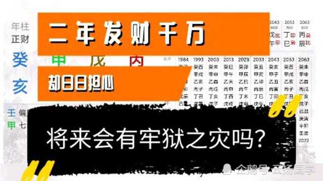 二年发财千万,却日日担心,此八字将来会有牢狱之灾吗?