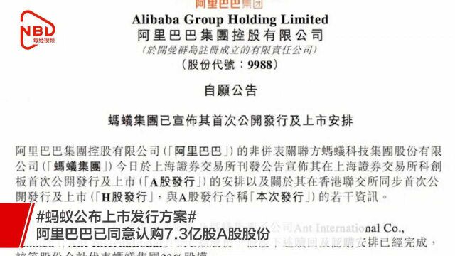 蚂蚁公布上市发行方案,阿里巴巴已同意认购7.3亿股A股股份