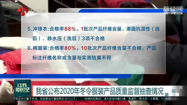 江苏省公布2020年冬令服装产品质量监督抽查情况