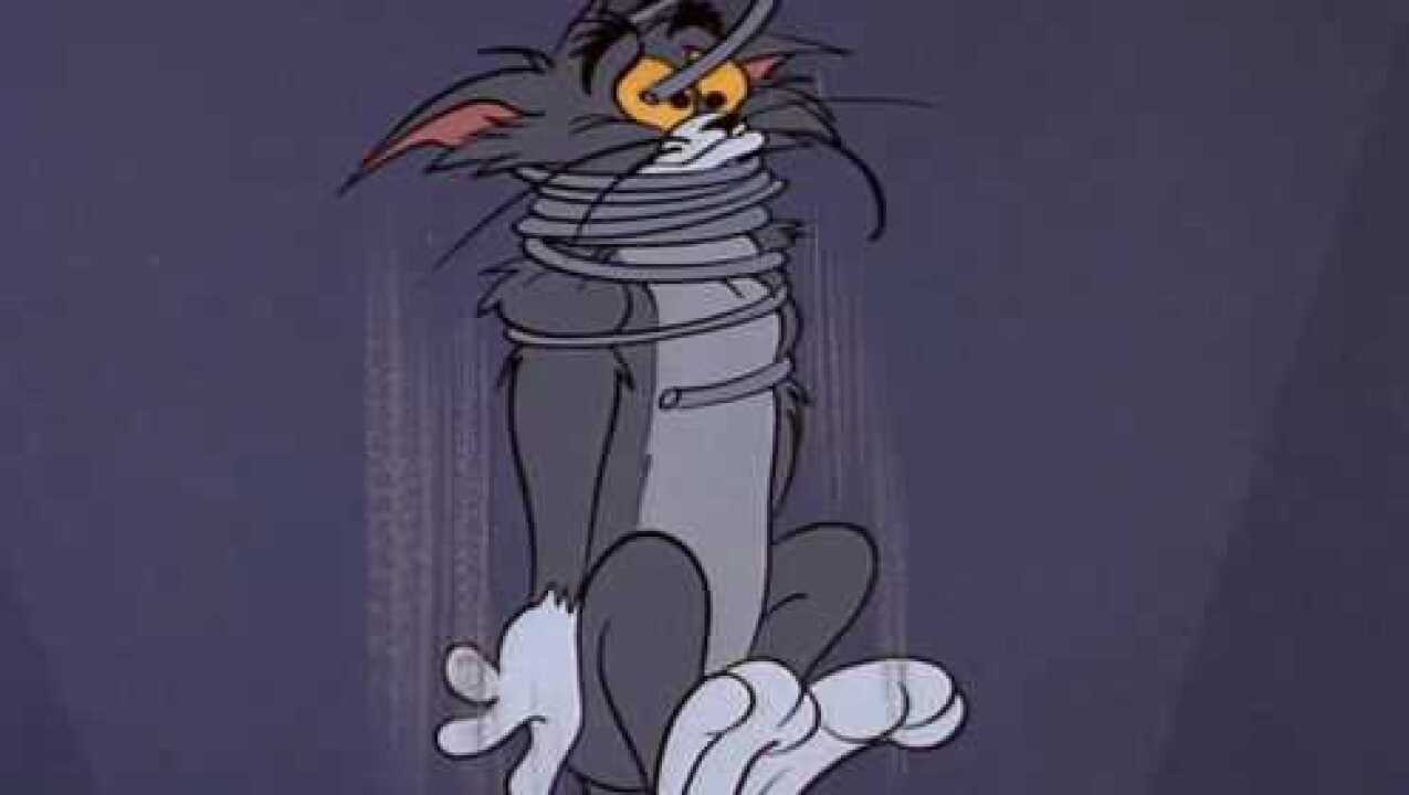 猫和老鼠杰瑞实施报复汤姆惨被弹簧套头撞天花板