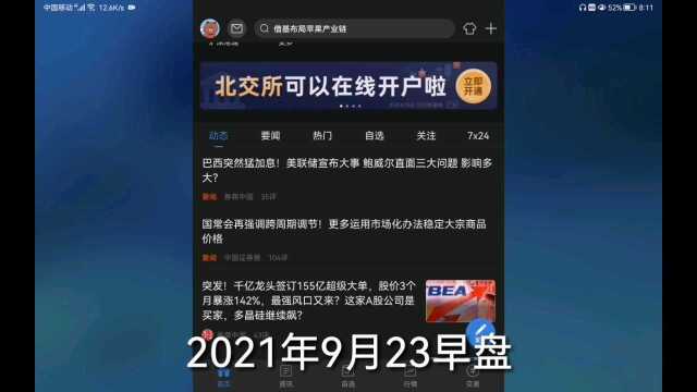 证券市场:2021年9月23早盘