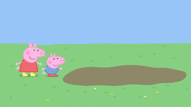 小猪佩奇1:佩奇和乔治都喜欢泥坑,它们在泥坑里打滚,好开心