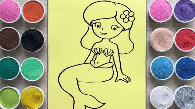 儿童趣味娃娃沙画:一起给可爱的美人鱼上颜色吧!