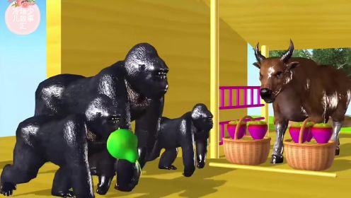 英语早教启蒙系列：黑猩猩给动物们送水果吃，认识动物和颜色，儿童英语早教益智动画