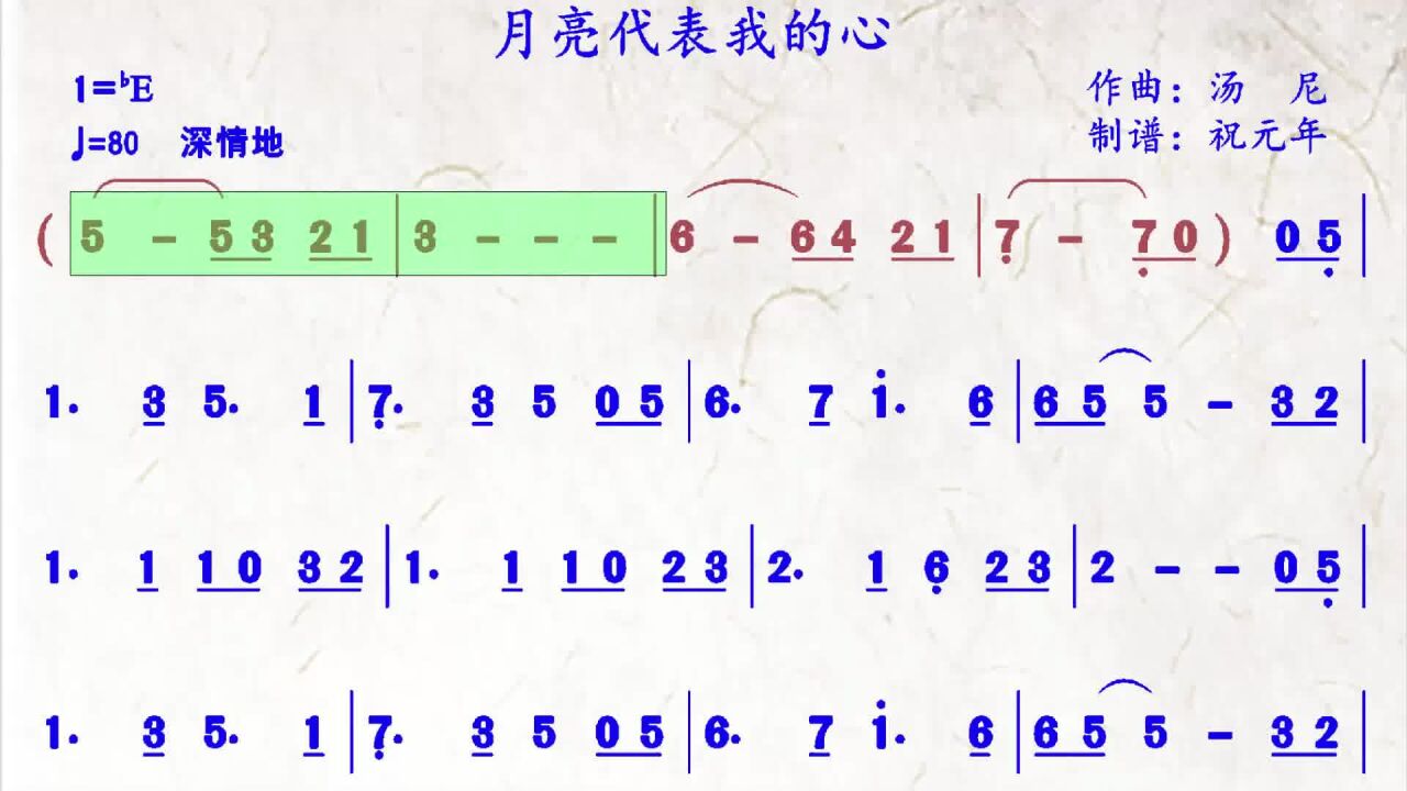 歌曲《月亮代表我的心》伴奏動態譜,送給喜歡樂器演奏的朋友們