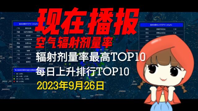 9月26日国内空气辐射吸收剂量率排行TOP10以及每日上升排行TOP10