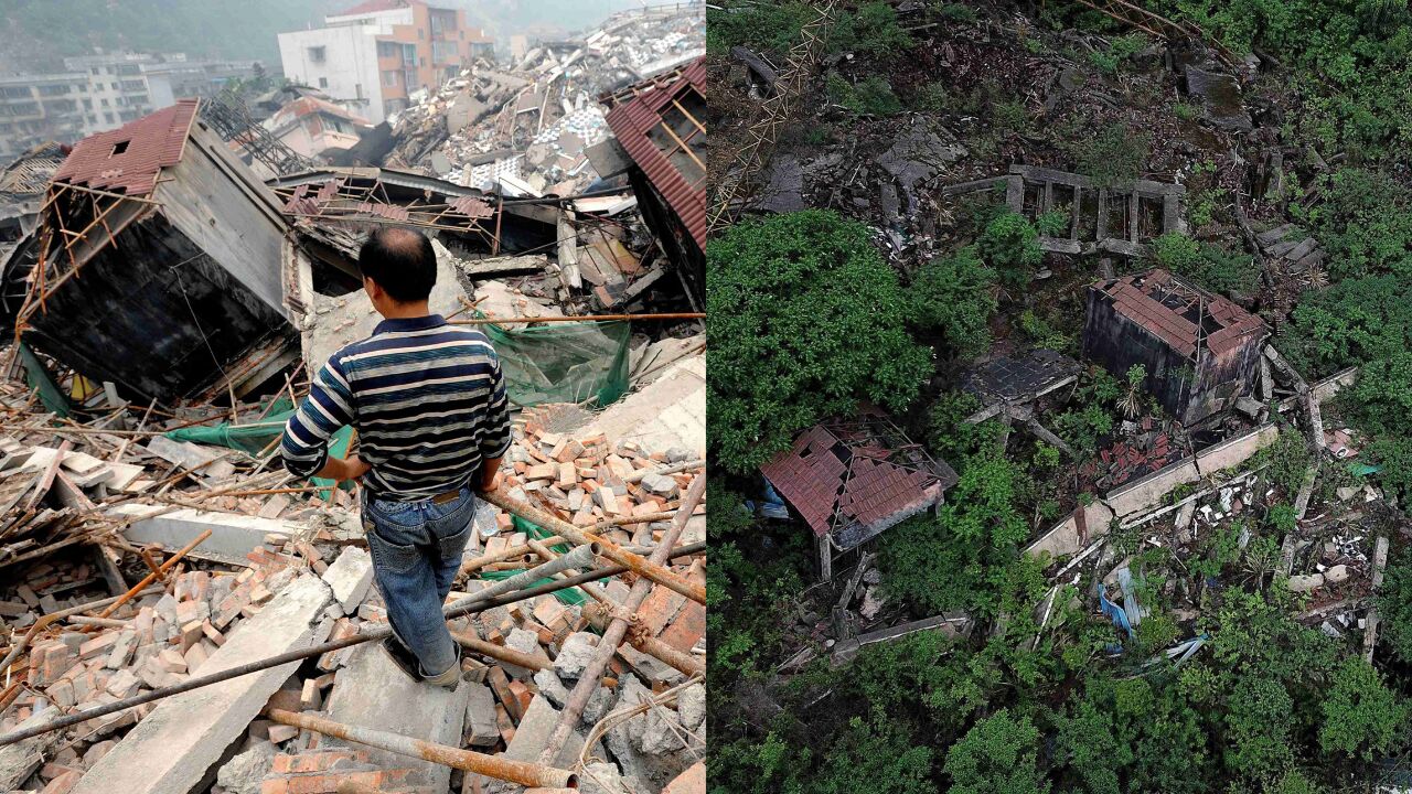 汶川大地震旧址前后对比,绿树青藤长满残壁断垣,却难掩旧痛